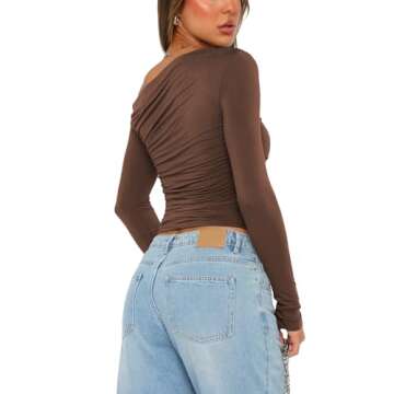 Nvzhuang Women's Y2k Grunge Long Sleeve Off Shoulder Crop Tops Ruched Slim Fit Tshirts Going Out Aes...