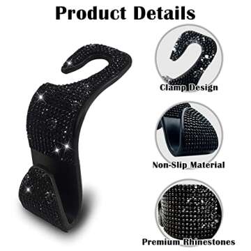 OSIFIT 2PCS Car Seat Hooks - Bling Rhinestone Headrest Hooks with Universal Design - Perfect for Hol...