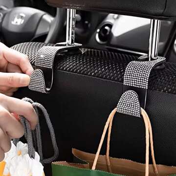OSIFIT 2PCS Car Seat Hooks - Bling Rhinestone Headrest Hooks with Universal Design - Perfect for Holding Handbags, Clothes, Purses, and Water Bottles - Black