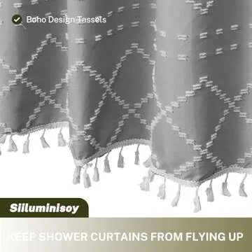 Siiluminisoy Boho Grey Textured Shower Curtain with Tassels 72 x 72 Tufted Chevron Striped Chenille Woven Fabric Cloth Shower Curtain Modern Farmhouse Minimalist, Shabby Chic Home Decor for Bathroom