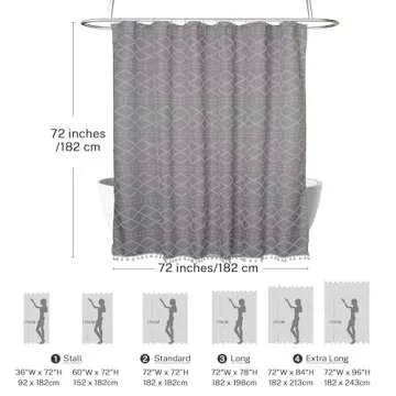 Siiluminisoy Boho Grey Textured Shower Curtain with Tassels 72 x 72 Tufted Chevron Striped Chenille Woven Fabric Cloth Shower Curtain Modern Farmhouse Minimalist, Shabby Chic Home Decor for Bathroom