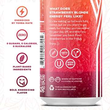 Yerbae Energy Beverage - Strawberry Blonde, 0 Sugar, 0 Calories, 0 Carbs, Energized by Yerba Mate, Plant-Based, Healthy Alternative to Sugary Energy Drinks, 16oz cans (12 Pack)