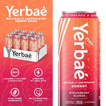 Yerbae Energy Beverage - Strawberry Blonde, 0 Sugar, 0 Calories, 0 Carbs, Energized by Yerba Mate, Plant-Based, Healthy Alternative to Sugary Energy Drinks, 16oz cans (12 Pack)
