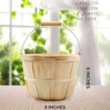 Cornucopia Brands Round Wooden Baskets (2-Pack, Natural); Wood Fruit Buckets w/Handle, 4-Quart Capacity; 6.1 Inch Tall by 8 Inch Diameter