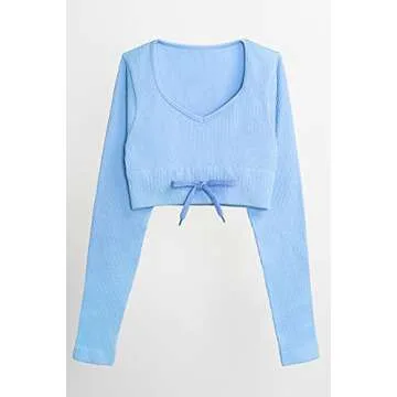 QINSEN Women Workout 2 Piece Outfits Ribbed High Waist Legging Gym Yoga Bodycon Long Sleeve Sports Crop Tops Sets Blue L