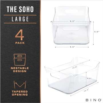 BINO | Plastic Organizer Bins, Large - 4 Pack | The SOHO Collection | Multi-Use | Pantry & Freezer O...