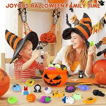 50PCS Halloween Mochi Squishy Toys with Halloween Pumpkin Bucket Halloween Party Favors Trick or Treat Goodie Bag Filler Halloween Decorations Kawaii Squishy Halloween Toys Gifts for Boy Girl Random