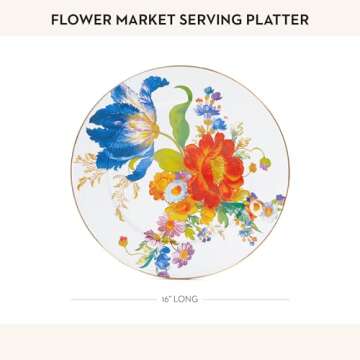 MACKENZIE-CHILDS Enamel Serving Platter, Decorative Serving Platter for Food, 16 Inches, White Flower Market