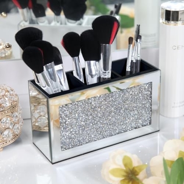 SHYFOY Mirrored Makeup Brush Holder Organizer, 3 Slot Glass Cosmetics Brushes Storage Holders with C...