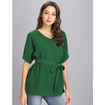 Milumia Women's Casual V Neckline Self Tie Short Sleeve Work Blouse Tunic Tops Green Medium
