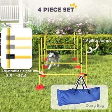 PawHut 4 Piece Dog Agility Course Backyard Set, Dog Agility Training Equipment with 4 Height Adjustable Dog Agility Jumps, Carry Bag, Dog Obstacle Course Outdoor Games, Yellow