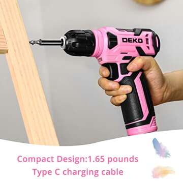 DEKOPRO 8V Cordless Drill, Drill Set with 3/8"Keyless Chuck, 42pcs Acessories, Built-in LED, Type-C Charge Cable, Pink Power Drill for Drilling and Tightening/Loosening Screws