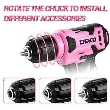 DEKOPRO 8V Cordless Drill, Drill Set with 3/8"Keyless Chuck, 42pcs Acessories, Built-in LED, Type-C Charge Cable, Pink Power Drill for Drilling and Tightening/Loosening Screws