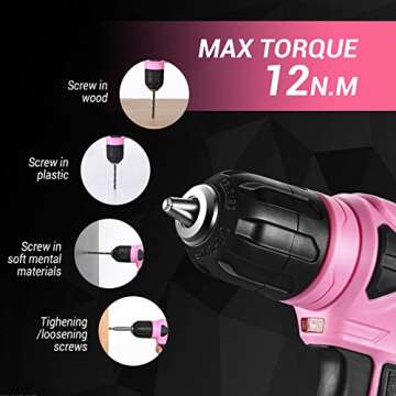 DEKOPRO 8V Cordless Drill, Drill Set with 3/8"Keyless Chuck, 42pcs Acessories, Built-in LED, Type-C Charge Cable, Pink Power Drill for Drilling and Tightening/Loosening Screws