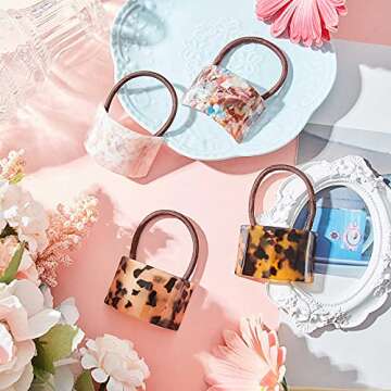 WILLBOND 4 Pieces Acrylic Ponytail Cuff Decorative Acetate Ponytail Holder Tortoise Shell Hair Cuff Hair Ties French Leopard Design Elastic Rubber Band Ponytail Accessories Women(Sweet Color)