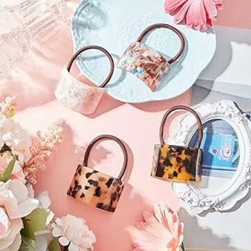 WILLBOND 4 Pieces Acrylic Ponytail Cuff Decorative Acetate Ponytail Holder Tortoise Shell Hair Cuff Hair Ties French Leopard Design Elastic Rubber Band Ponytail Accessories Women(Sweet Color)