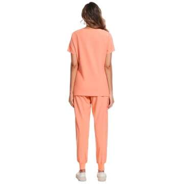 COZYFIT Scrubs for Women Set - Stretch V-Neck Scrub Top & Jogger Pant with 8 Pockets, Yoga Waistband, Anti Wrinkle, Slim Fit Women Scrubs - Coral Red, XS, Tall