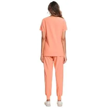 COZYFIT Scrubs for Women Set - Stretch V-Neck Scrub Top & Jogger Pant with 8 Pockets, Yoga Waistband, Anti Wrinkle, Slim Fit Women Scrubs - Coral Red, XS, Tall