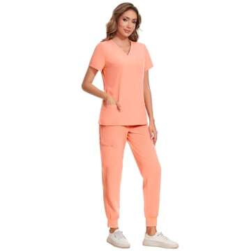 COZYFIT Scrubs for Women Set - Stretch V-Neck Scrub Top & Jogger Pant with 8 Pockets, Yoga Waistband, Anti Wrinkle, Slim Fit Women Scrubs - Coral Red, XS, Tall