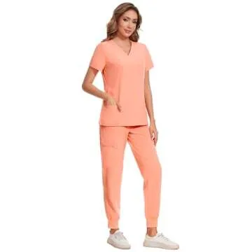 COZYFIT Scrubs for Women Set - Stretch V-Neck Scrub Top & Jogger Pant with 8 Pockets, Yoga Waistband, Anti Wrinkle, Slim Fit Women Scrubs - Coral Red, XS, Tall