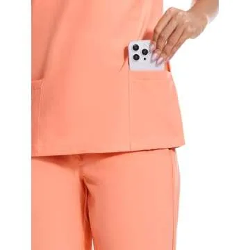 COZYFIT Scrubs for Women Set - Stretch V-Neck Scrub Top & Jogger Pant with 8 Pockets, Yoga Waistband, Anti Wrinkle, Slim Fit Women Scrubs - Coral Red, XS, Tall