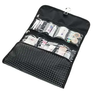 Hanging Toiletry Bag for Women ODESSA. Ideal for Storing Cosmetics, Makeup and Jewelry in an Organized Way. Large Size, Various Compartments. Black with White Polka Dots.