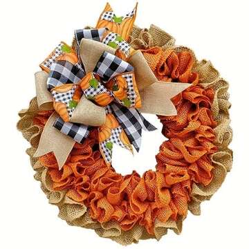Richeng 15.7 Inch Burlap Thanksgiving Autumn Door Wreath for Front Door Farmhouse Pumpkin Wreath wit...