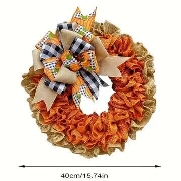 Richeng 15.7 Inch Burlap Thanksgiving Autumn Door Wreath for Front Door Farmhouse Pumpkin Wreath with Buffalo Plaid Bows Decor for Fall Harvest Decorations Indoor Outdoor (Yellow)