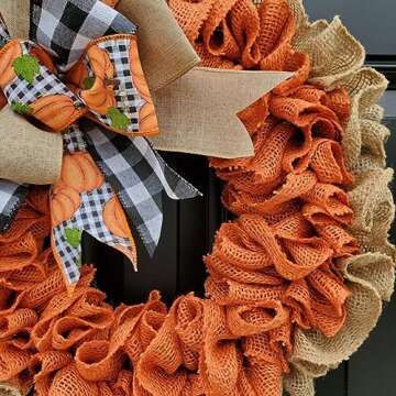 Richeng 15.7 Inch Burlap Thanksgiving Autumn Door Wreath for Front Door Farmhouse Pumpkin Wreath with Buffalo Plaid Bows Decor for Fall Harvest Decorations Indoor Outdoor (Yellow)