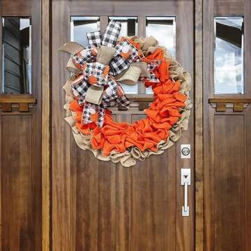 Richeng 15.7 Inch Burlap Thanksgiving Autumn Door Wreath for Front Door Farmhouse Pumpkin Wreath with Buffalo Plaid Bows Decor for Fall Harvest Decorations Indoor Outdoor (Yellow)