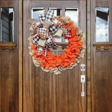 Richeng 15.7 Inch Burlap Thanksgiving Autumn Door Wreath for Front Door Farmhouse Pumpkin Wreath with Buffalo Plaid Bows Decor for Fall Harvest Decorations Indoor Outdoor (Yellow)