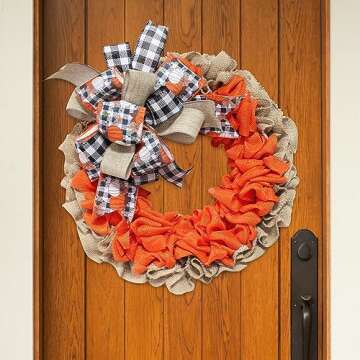 Richeng 15.7 Inch Burlap Thanksgiving Autumn Door Wreath for Front Door Farmhouse Pumpkin Wreath with Buffalo Plaid Bows Decor for Fall Harvest Decorations Indoor Outdoor (Yellow)