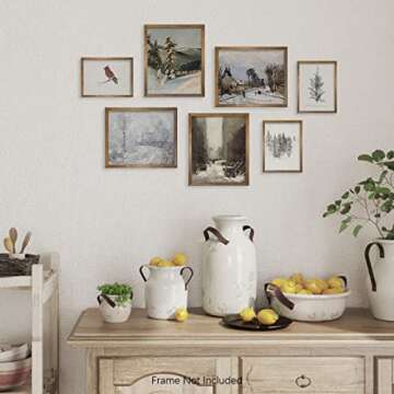 Rustic Snowy Winter Wall Decor - Vintage Farmhouse Holiday Room Decor - Christmas Wall Art - Boho French Country Bathroom Poster Print - Aesthetic Botanical Picture - Art Set of 7 Neutral Gallery Wall