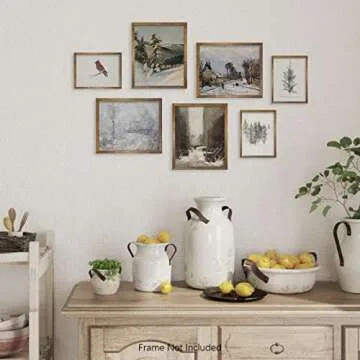 Rustic Snowy Winter Wall Decor - Vintage Farmhouse Holiday Room Decor - Christmas Wall Art - Boho French Country Bathroom Poster Print - Aesthetic Botanical Picture - Art Set of 7 Neutral Gallery Wall