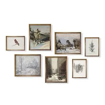 Rustic Snowy Winter Wall Decor - Vintage Farmhouse Holiday Room Decor - Christmas Wall Art - Boho French Country Bathroom Poster Print - Aesthetic Botanical Picture - Art Set of 7 Neutral Gallery Wall