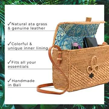 New Rattan Bags for Women - Handmade Wicker Woven Purse Handbag Circle Boho Bag Bali (Square Bow)
