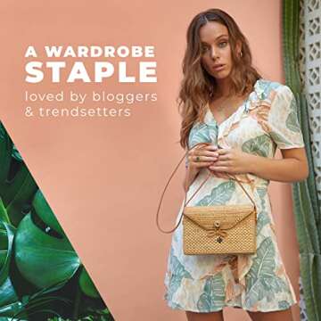 New Rattan Bags for Women - Handmade Wicker Woven Purse Handbag Circle Boho Bag Bali (Square Bow)