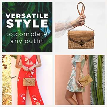 New Rattan Bags for Women - Handmade Wicker Woven Purse Handbag Circle Boho Bag Bali (Square Bow)