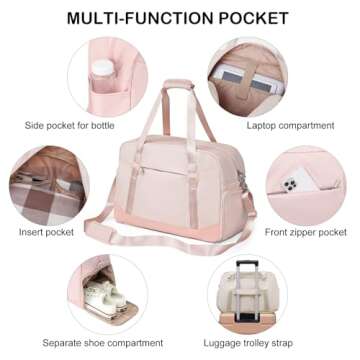 LONG VACATION Women's Travel Duffel Bag with Toiletry Bag, Sports Gym Bag Weekendeer Carry-on Tote with Shoe Compartment and Wet Pocket, Yoga Bag Fit 17.3inch Laptop (PINK, 21-inch)