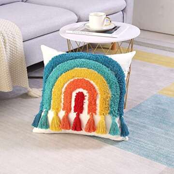 Abrotain Boho Colorful Decorative Throw Pillow Cover Rainbow Tufted Kids Pillowcase with Tassels for...