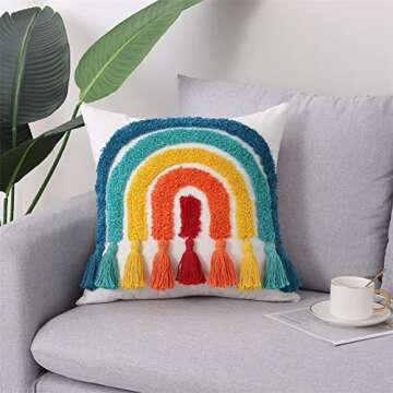 Abrotain Boho Colorful Decorative Throw Pillow Cover Rainbow Tufted Kids Pillowcase with Tassels for Couch Pillow Covers Sofa Bedroom Living Room Playroom Couch Sofa Home Decor