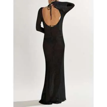 Saodimallsu Womens Crochet Cover Ups Long Sleeve Sexy Mesh Backless Knit Swimsuit Coverup Beach Maxi Dress Black