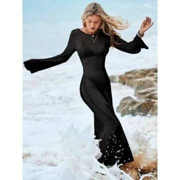 Saodimallsu Womens Crochet Cover Ups Long Sleeve Sexy Mesh Backless Knit Swimsuit Coverup Beach Maxi Dress Black