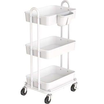Simple Houseware 3-Tier Multifunctional Rolling Utility Cart with Hanging Bucket, White