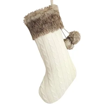 Gireshome Ivory Cable Knitted Christmas Stocking With Pompom