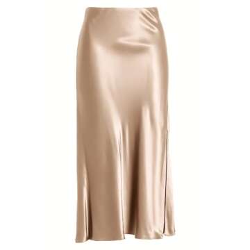 Women Solid High Waist Silky Casual Elastic Satin Midi Slit Skirt - Made in USA (Large, Beige)