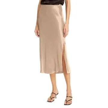 Women Solid High Waist Silky Casual Elastic Satin Midi Slit Skirt - Made in USA (Large, Beige)