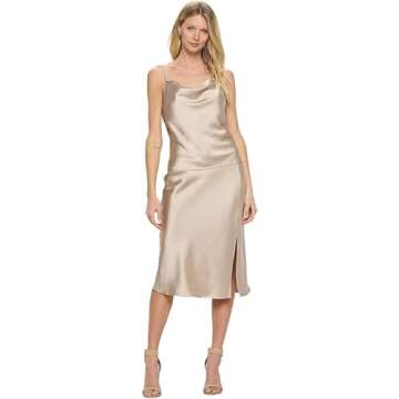 Women Solid High Waist Silky Casual Elastic Satin Midi Slit Skirt - Made in USA (Large, Beige)