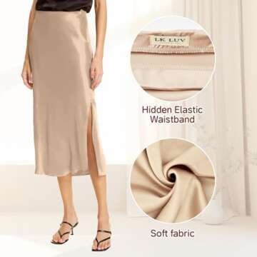 Women Solid High Waist Silky Casual Elastic Satin Midi Slit Skirt - Made in USA (Large, Beige)