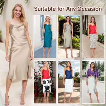 Women Solid High Waist Silky Casual Elastic Satin Midi Slit Skirt - Made in USA (Large, Beige)